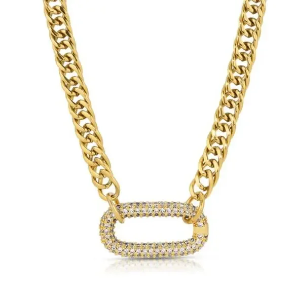Gold Zircon Rectangular Charm Necklace Chain Link - Picture 6 of 11